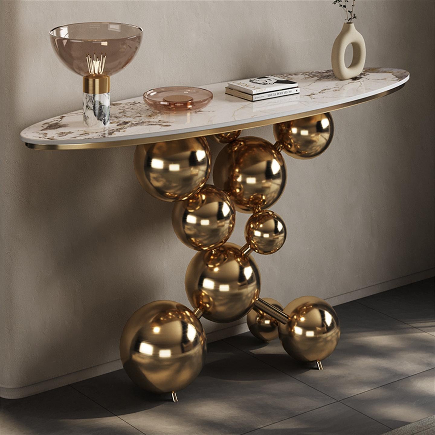 Gold Sphere Sintered Stone Console Table for Entryway