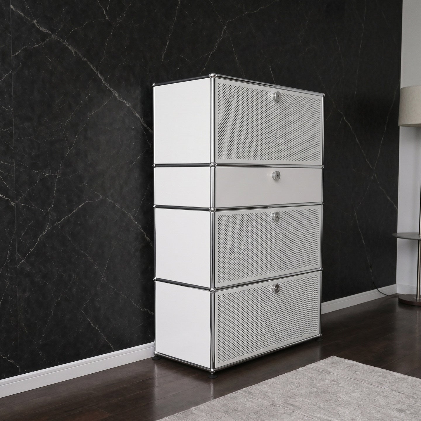 Silver Modular Style Metal Storage Cabinet, 4 Door Stainless Steel Look Chest, Perforated Front Accent Cabinet for Living Room, Bedroom, Office, Entryway, Modern Industrial Decor