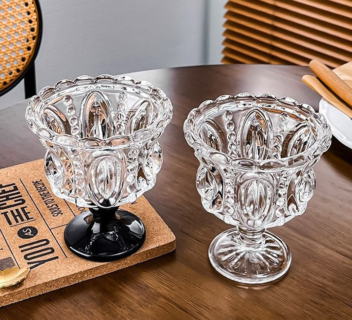 Embossed Glass Dessert Cup with Black Pedestal Base, Vintage Ice Cream Sundae Cup, Clear Footed Parfait Bowl for Yogurt, Pudding, Fruit, Mousse and Snacks