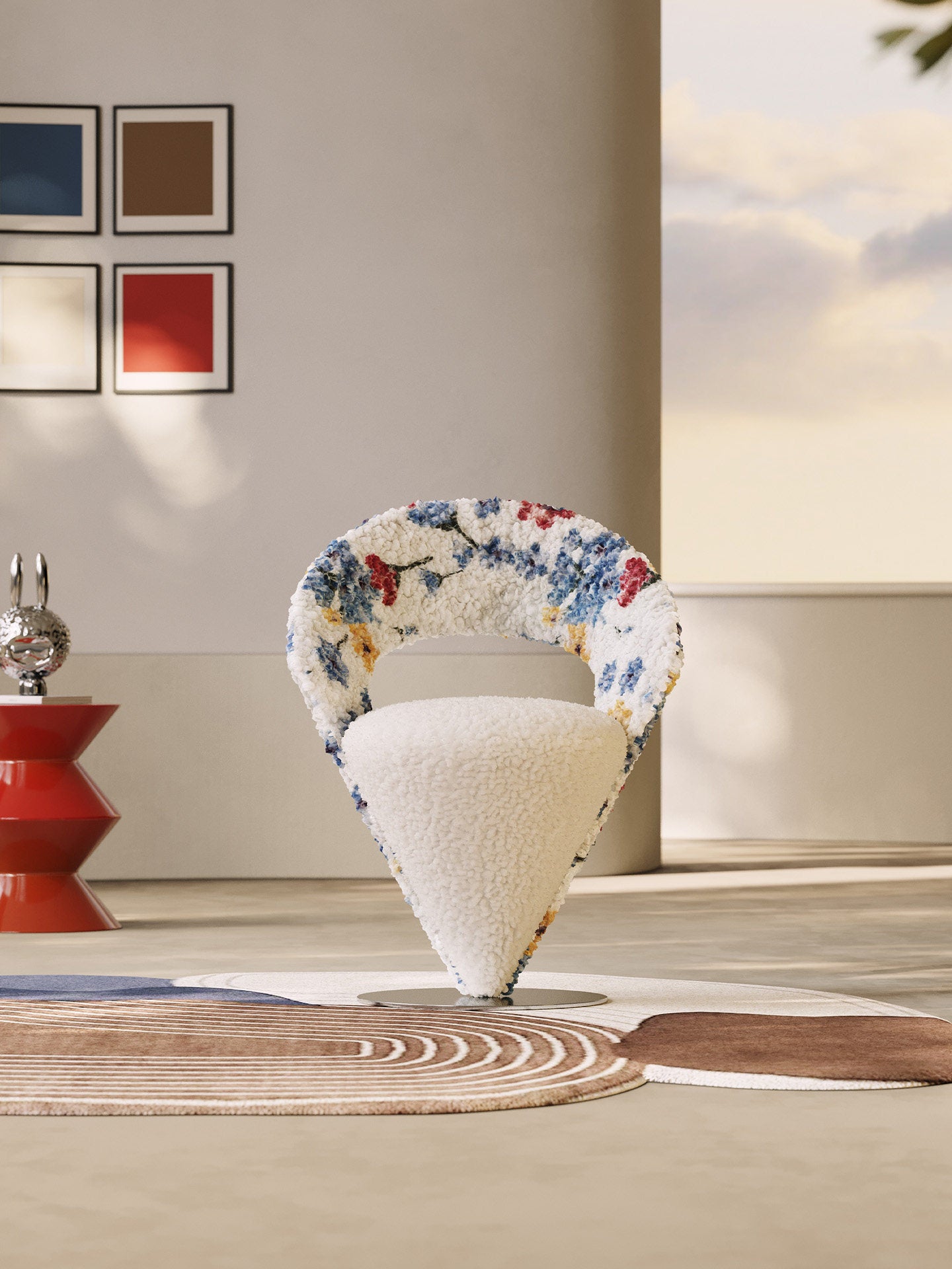 Modern Floral Bouclé Accent Chair, Sculptural Upholstered Lounge Chair with High-Density Foam Cushion, Contemporary Designer Reading Chair for Living Room, Bedroom, Apartment &amp; Hotel, Cream Multicolor