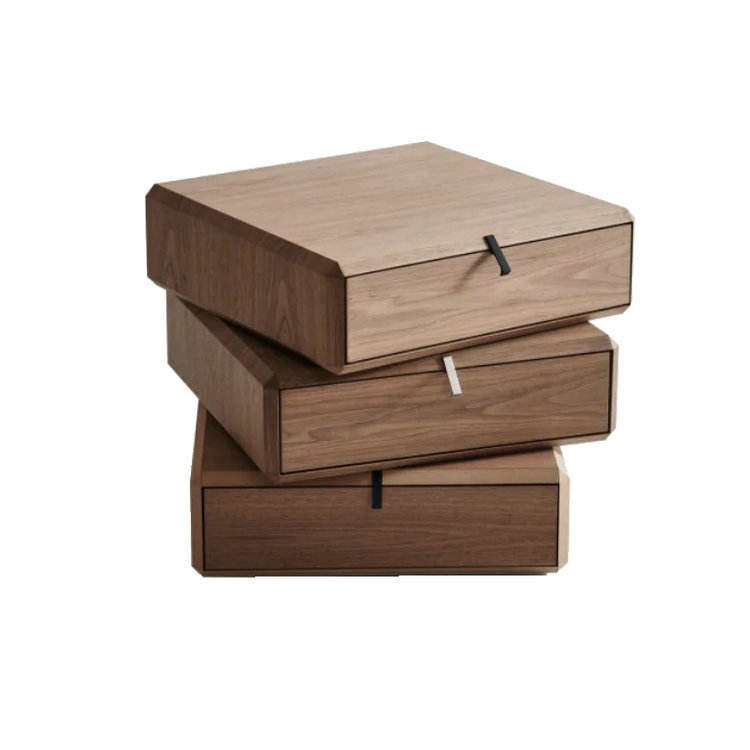 Modern 3 Drawer Rotating Nightstand, Wooden Bedside Table with Stacked Offset Drawers, Geometric Storage End Table for Bedroom, Living Room, Apartment, Hotel Room