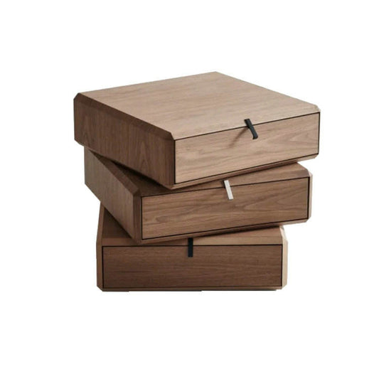 Modern 3 Drawer Rotating Nightstand, Wooden Bedside Table with Stacked Offset Drawers, Geometric Storage End Table for Bedroom, Living Room, Apartment, Hotel Room