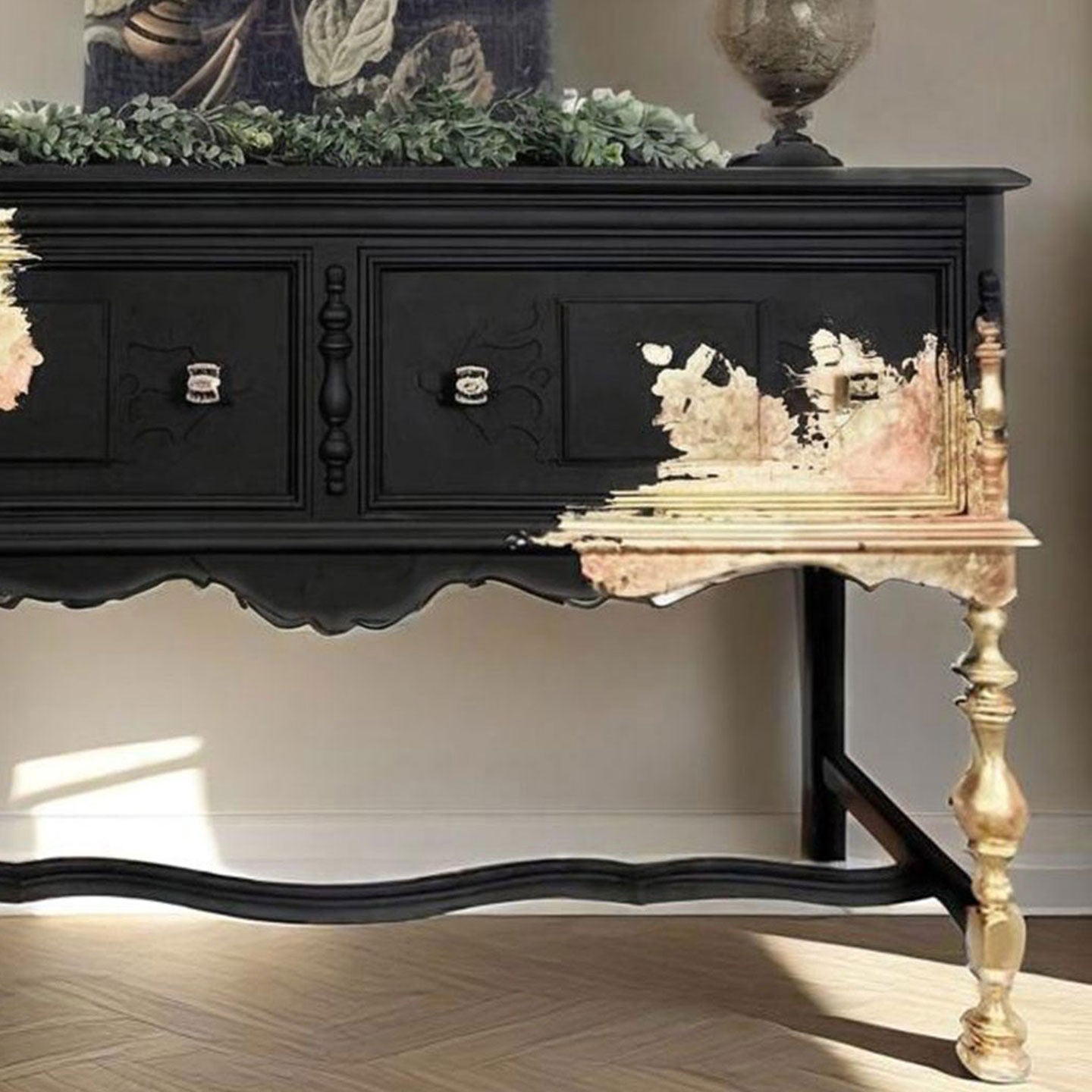 Black and Gold Hand-Painted Solid Wood Console Cabinet, French Vintage 2-Drawer Entryway Sideboard with Distressed Finish, Turned Legs and Curved Stretcher for Hallway, Dining Room and Living Room