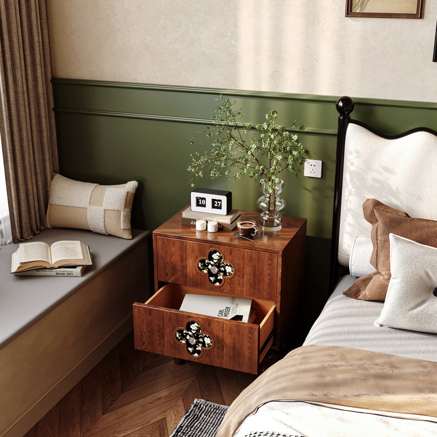 Solid Walnut Wood Nightstand with 2 Drawers, 19.7-Inch Bedside Table with Floral Quatrefoil Inlay Panels and Sculpted Legs for Bedroom, Guest Room or Living Room