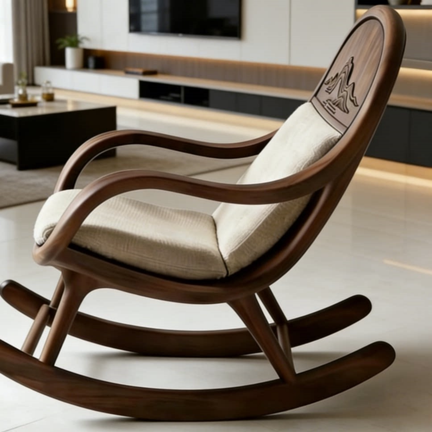 Solid Ash Wood Rocking Chair with Upholstered Cushion, Modern Walnut Finish Lounge Rocker, Ergonomic Accent Rocking Chair for Living Room, Bedroom, Nursery, Reading Nook &amp; Sunroom