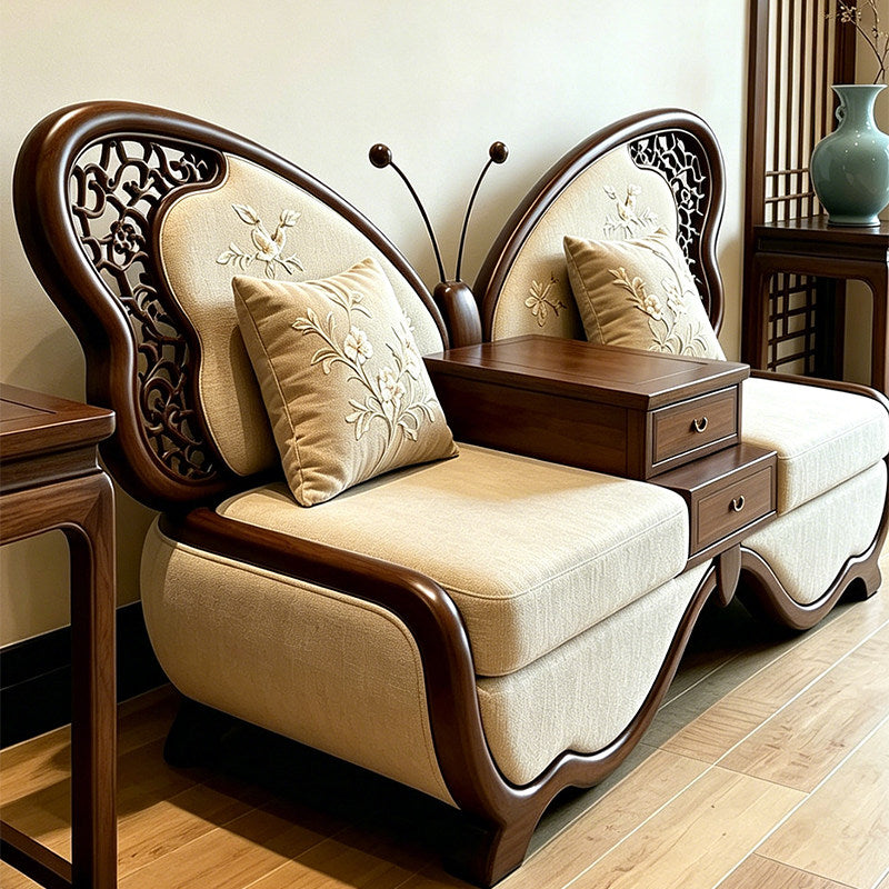 Ash Wood Butterfly Loveseat Sofa with Integrated Storage Table, Upholstered 2 Seat Accent Sofa for Living Room, Reception, Hotel Lounge &amp; Office