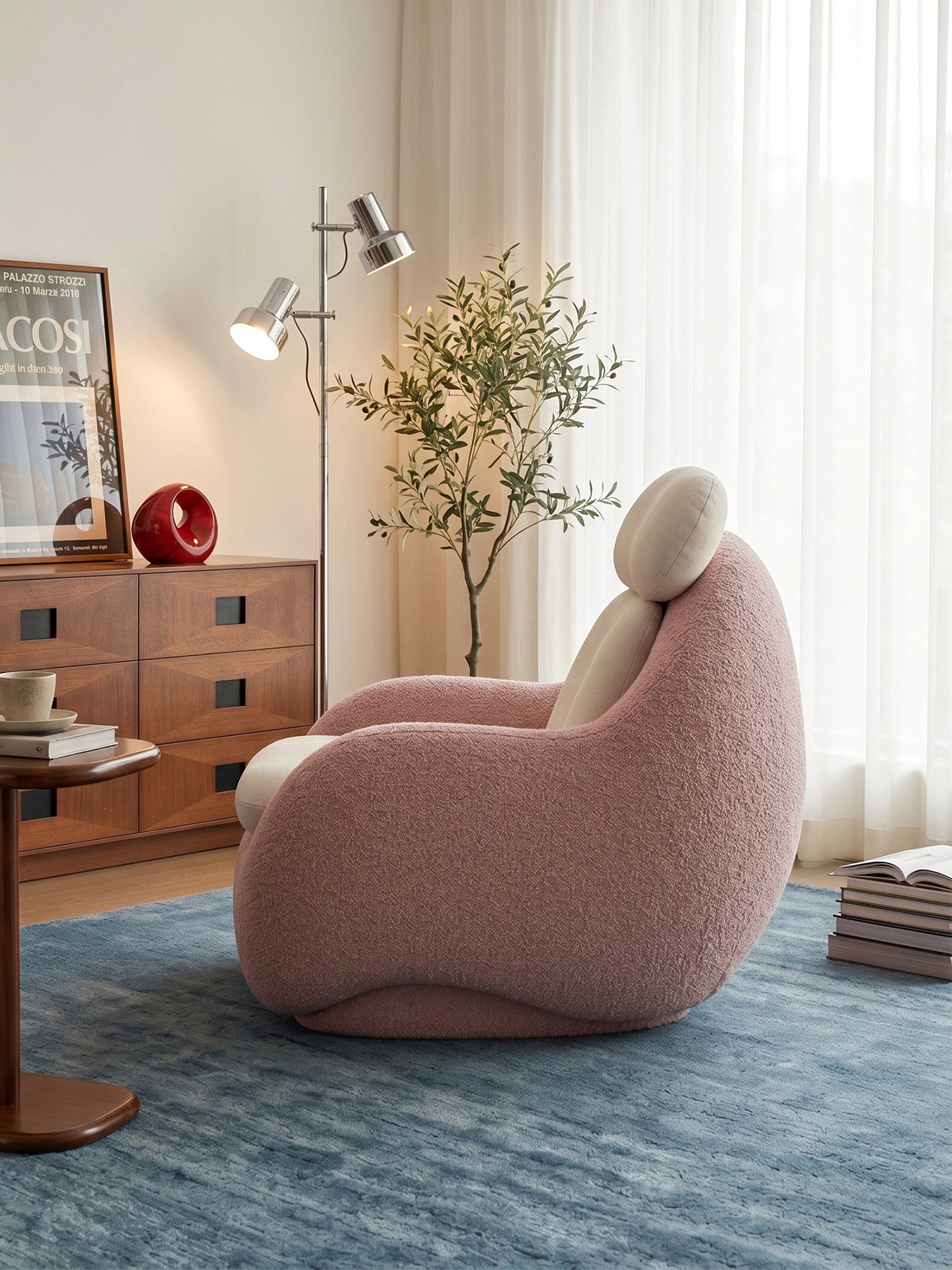 Pink Bouclé Accent Lounge Chair with Linen Cushion Modern Cozy Reading Chair