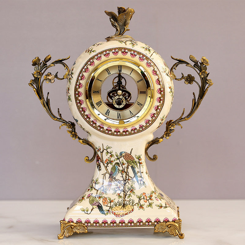 Ceramic Mantel Clock Set with 2 Candle Holders, Bird Floral Design
