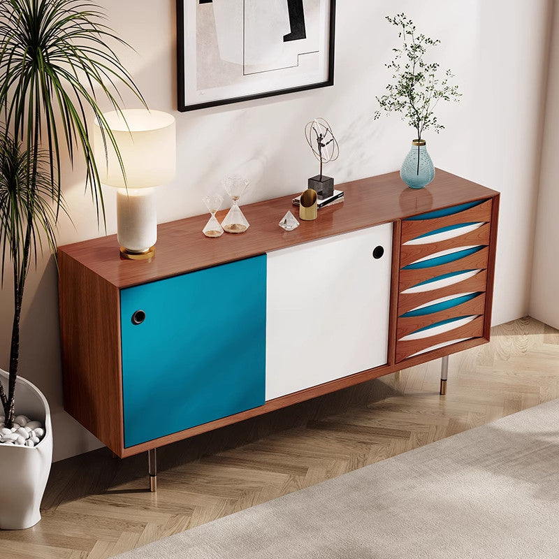 Blue and White Mid Century Style Sideboard Cabinet, 55 Inch Solid Wood Buffet Credenza with Sliding Doors and Wave Front Drawers, Modern Storage Cabinet for Dining Room, Living Room, Entryway, Hallway, and Kitchen