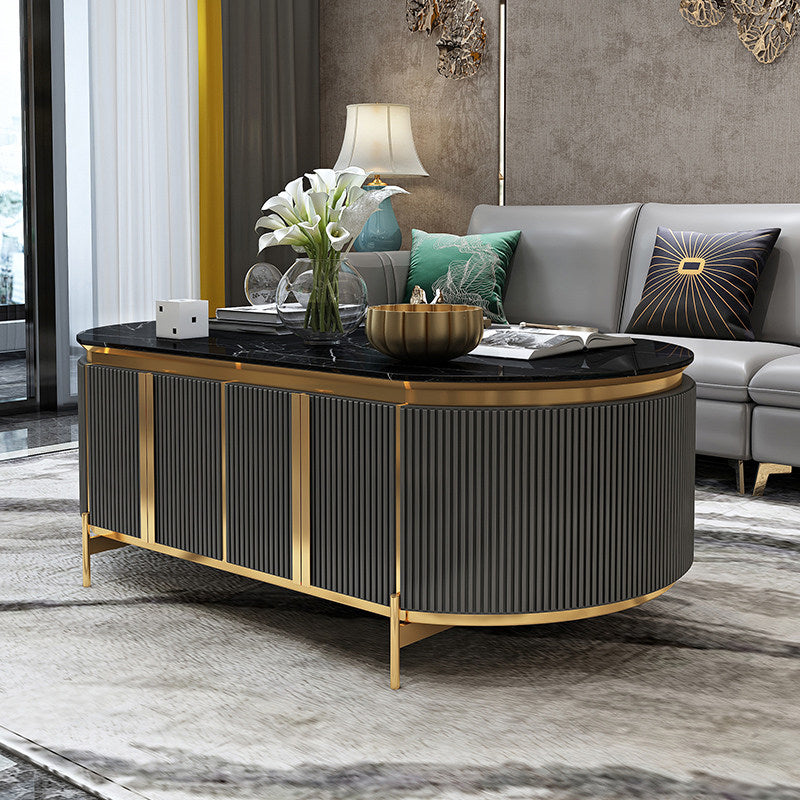 Oval Black Coffee Table with Storage, Faux Marble Top and Gold Frame