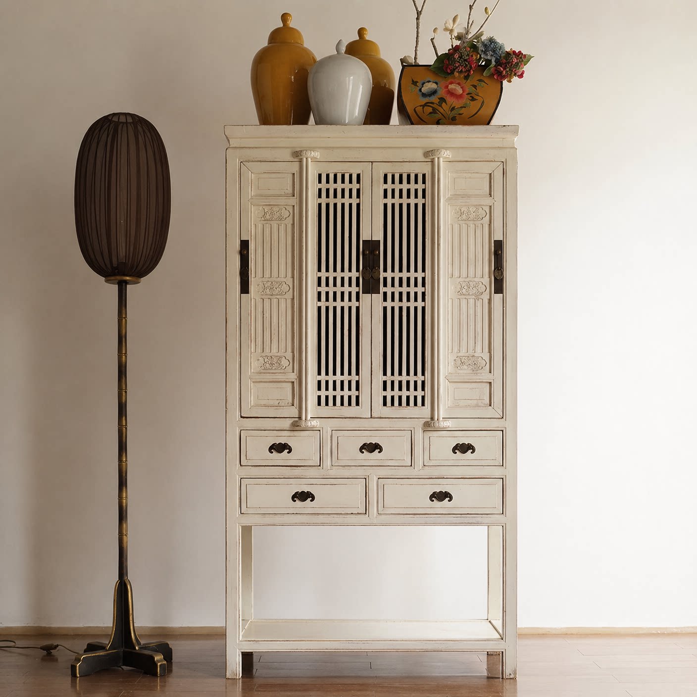 Distressed White 4-Door Storage Cabinet with 5 Drawers and Open Shelf