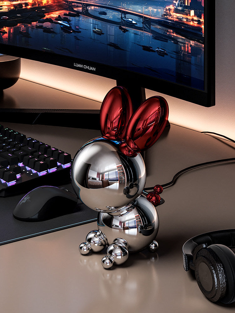 Stainless Steel Rabbit Sculpture, Red and Silver Modern Desk Decor, 5.5 Inch
