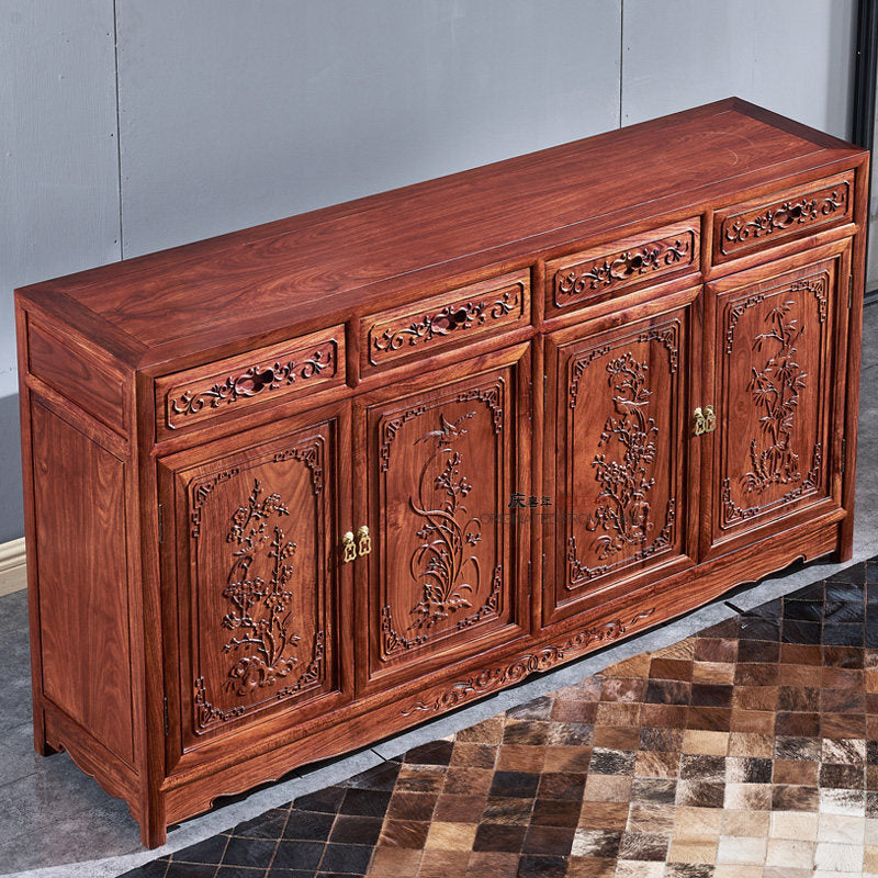 Reddish Brown Solid Wood Sideboard Buffet Cabinet, 4-Door 4-Drawer Carved Storage Credenza for Dining Room, Living Room, Tea Bar and Kitchen