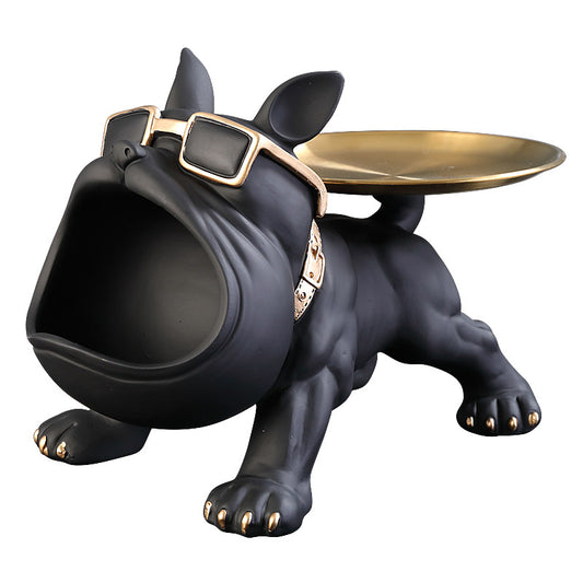 Black Resin French Bulldog Key Holder Tray, Modern Decorative Dog Catchall Organizer with Gold Round Tray and Sunglasses, Entryway Tabletop Storage Accent for Keys, Coins, Jewelry and Console Decor