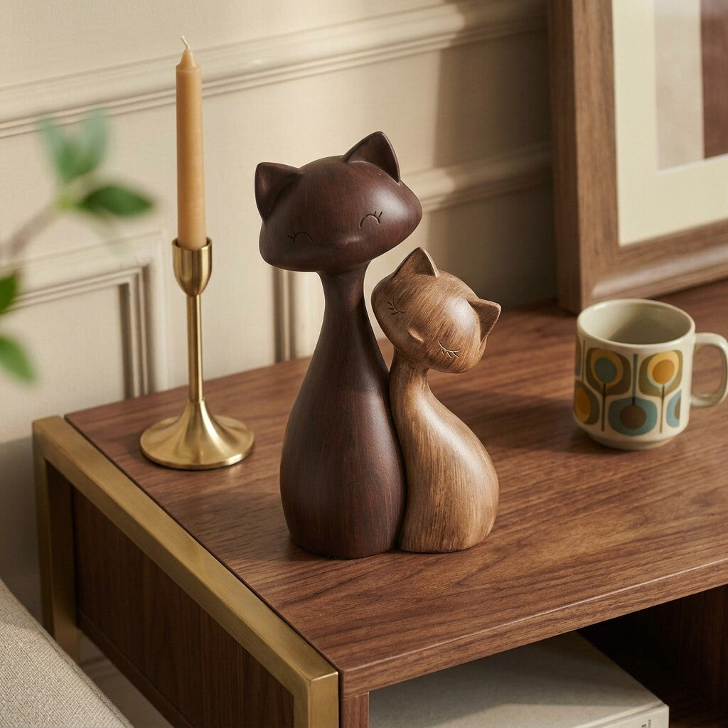 Brown Cat Couple Figurine Set, Faux Wood Grain Shelf and Table Decor