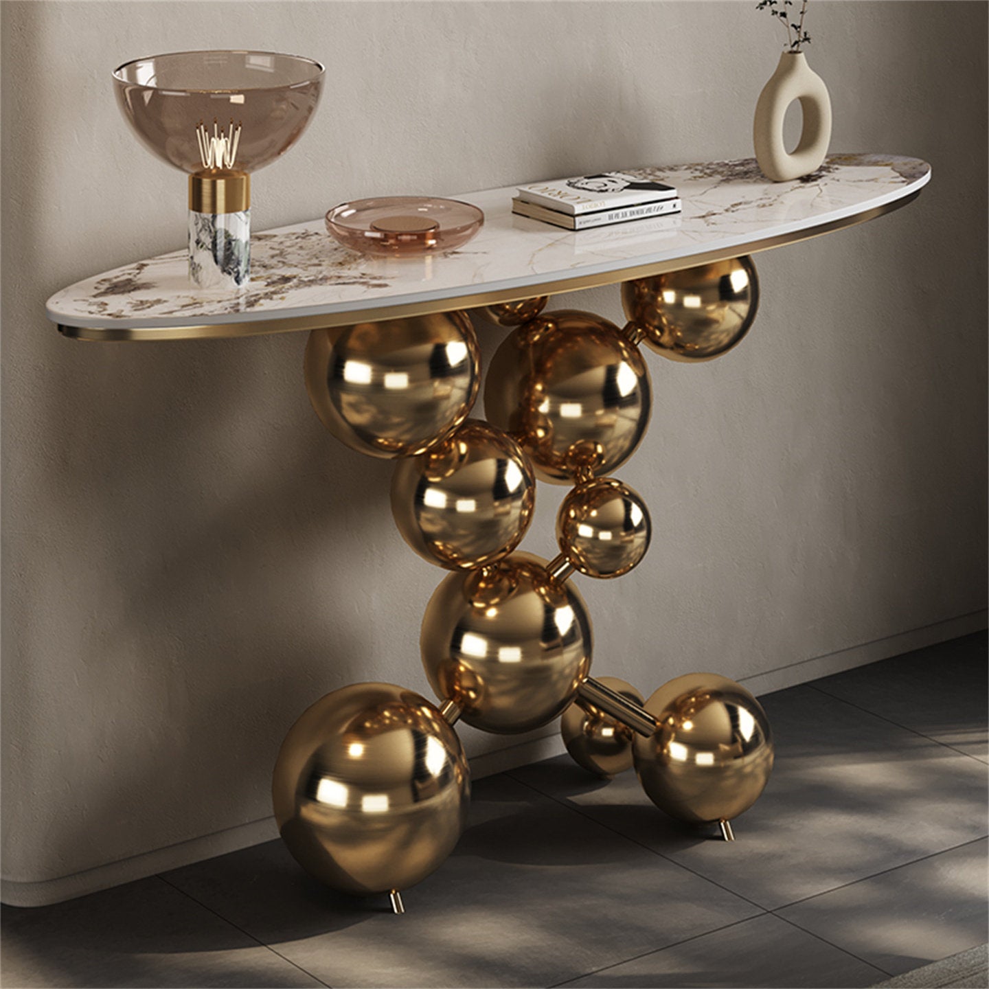 Champagne Gold Console Table, Sintered Stone Top, Sculptural Sphere Base