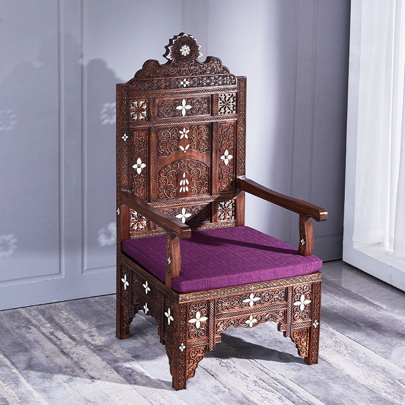 Tall Dark Brown Solid Wood Accent Armchair, Ornate Southeast Asian-Inspired Carved High-Back Chair with White Inlay Accents and Purple Cushion for Living Room, Hotel Lounge and Entryway