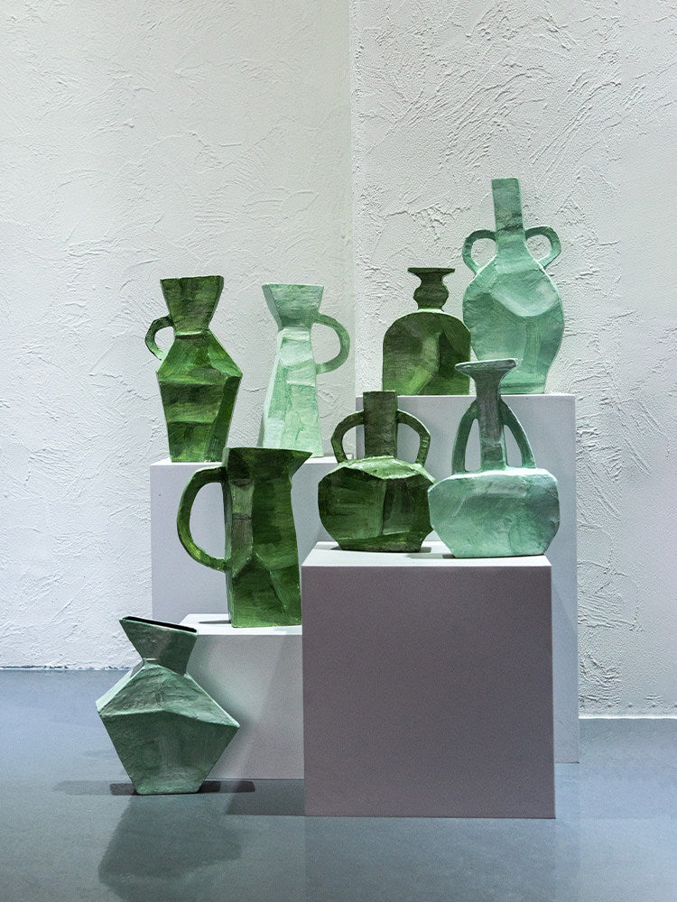 Mint Green Ceramic Vase with Handles, Modern Textured Flower Vessel