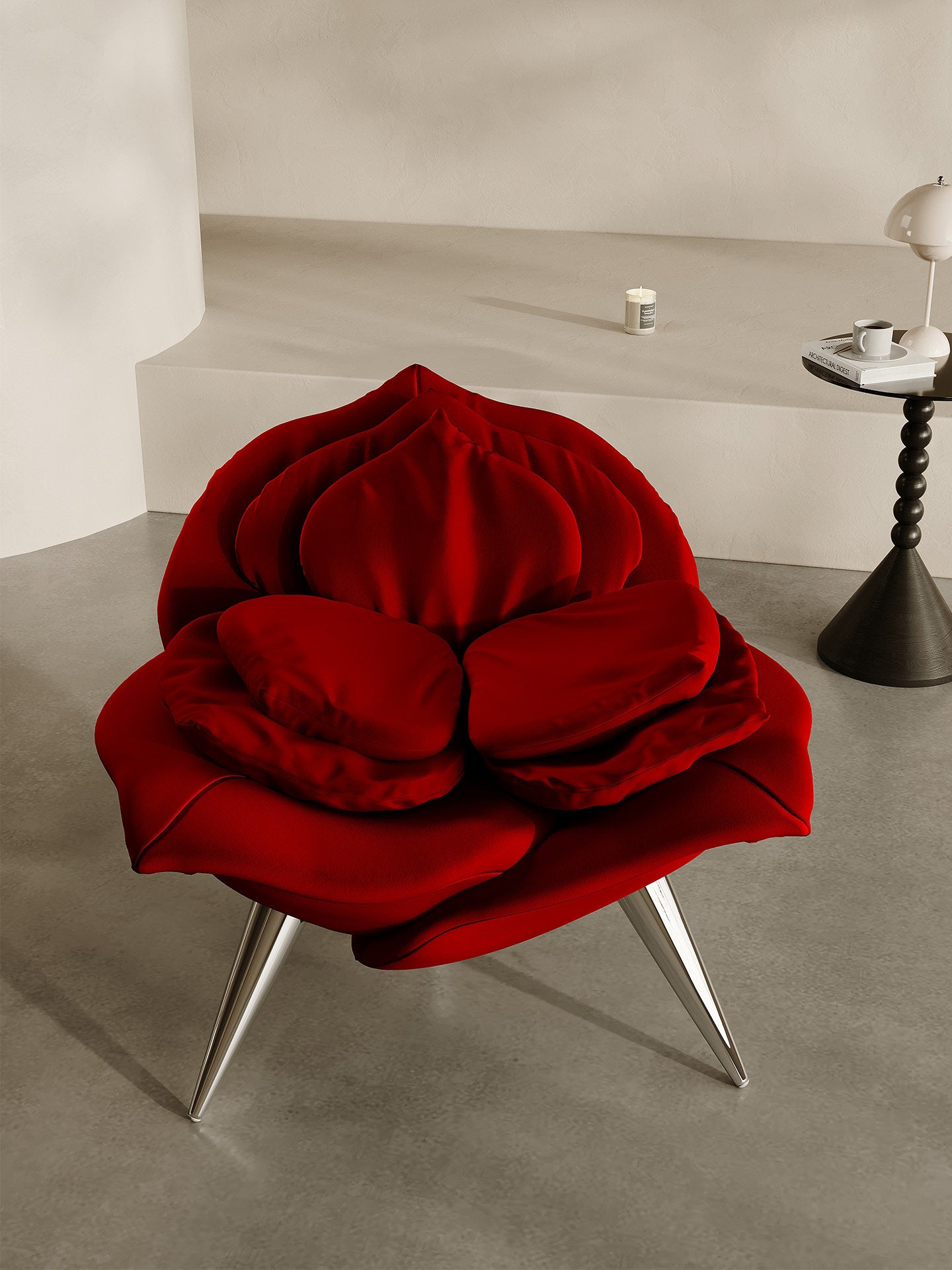 Red Flower Petal Accent Chair, Velvet Upholstered Sculptural Lounge Chair with High-Density Foam, Modern Floral Single Sofa Chair for Living Room, Bedroom, Vanity Corner, Reading Nook