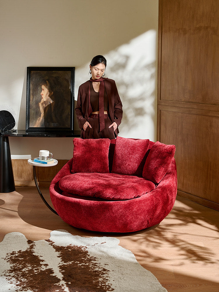 Burgundy Chenille Swivel Barrel Chair with Side Table and Pillows