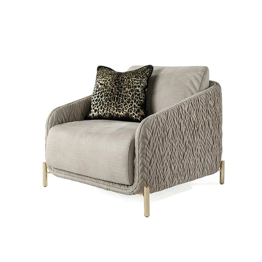 Taupe Leather Accent Chair with Quilted Sides and Gold Metal Legs