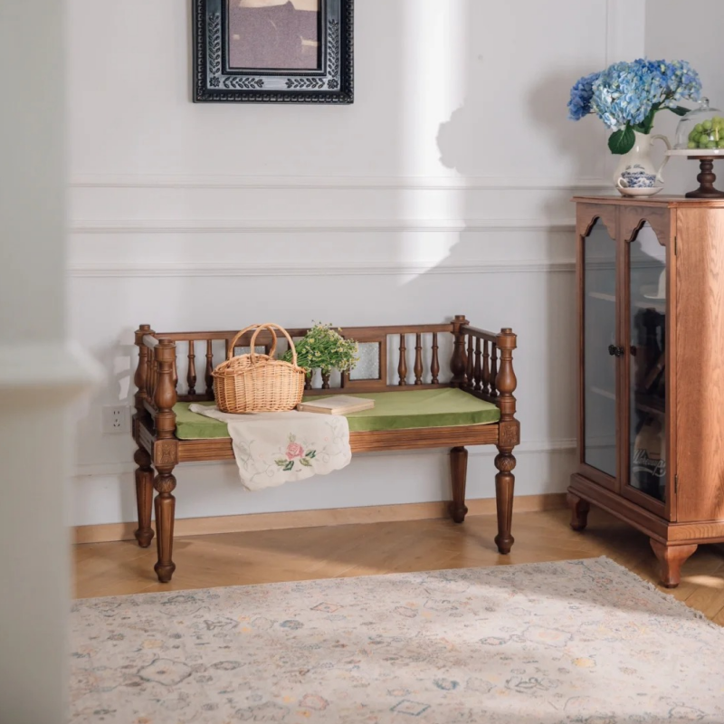 Walnut Brown Solid Wood Spindle-Back Bench, Olive Green Velvet Cushioned 2-Person Settee with Turned Legs and Rail Arms for Bedroom, Entryway, Living Room and Reading Nook