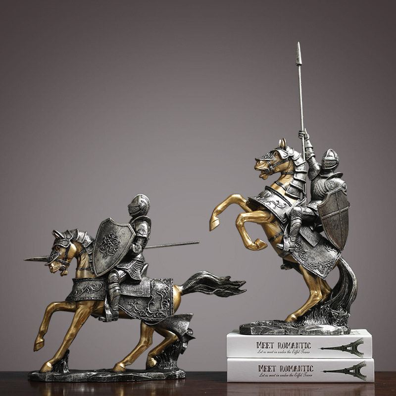 Medieval Knight Horse Statues Set of 2, Decorative Warrior Sculptures