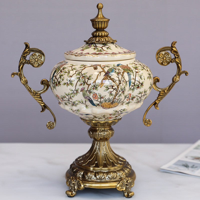 Ceramic Decorative Jar with Lid, Bird Floral Design and Ornate Metal Handles