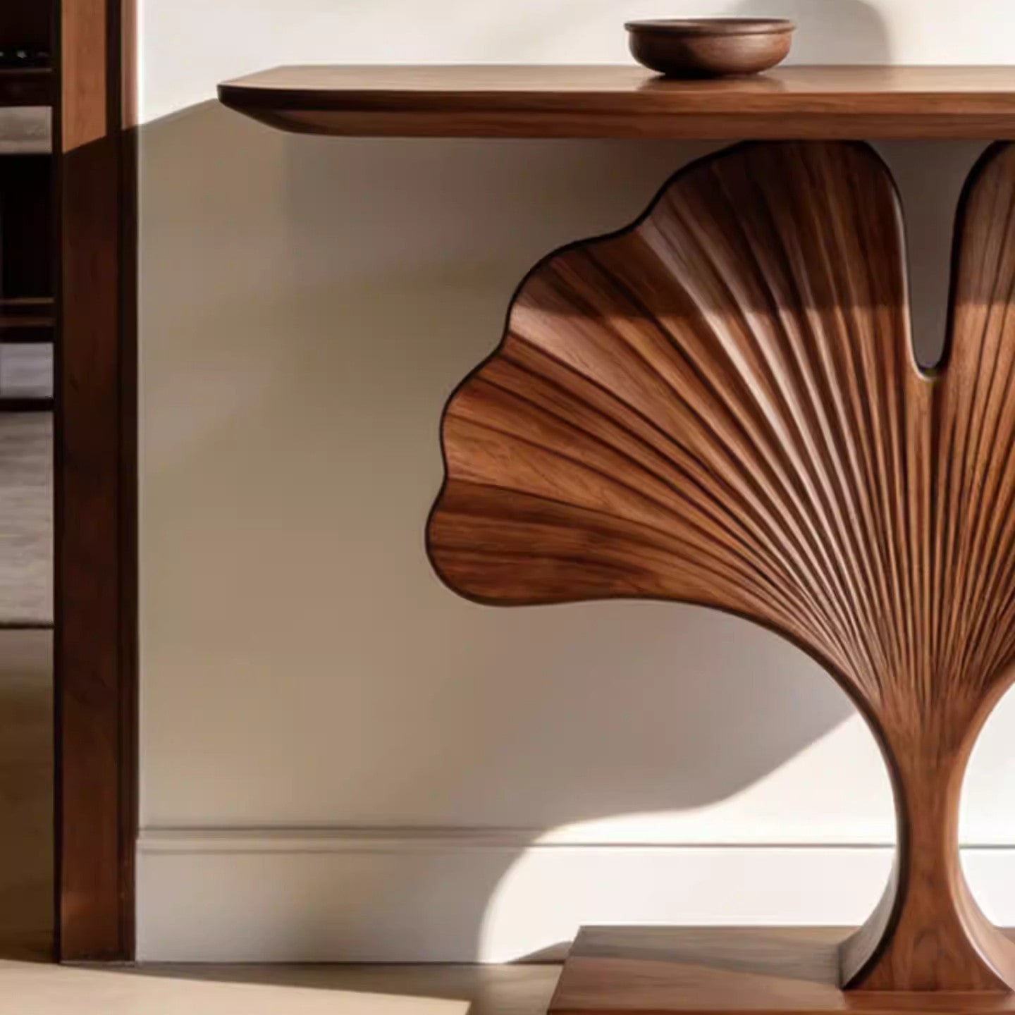 Solid Ash Wood Ginkgo Leaf Console Table, Walnut Finish