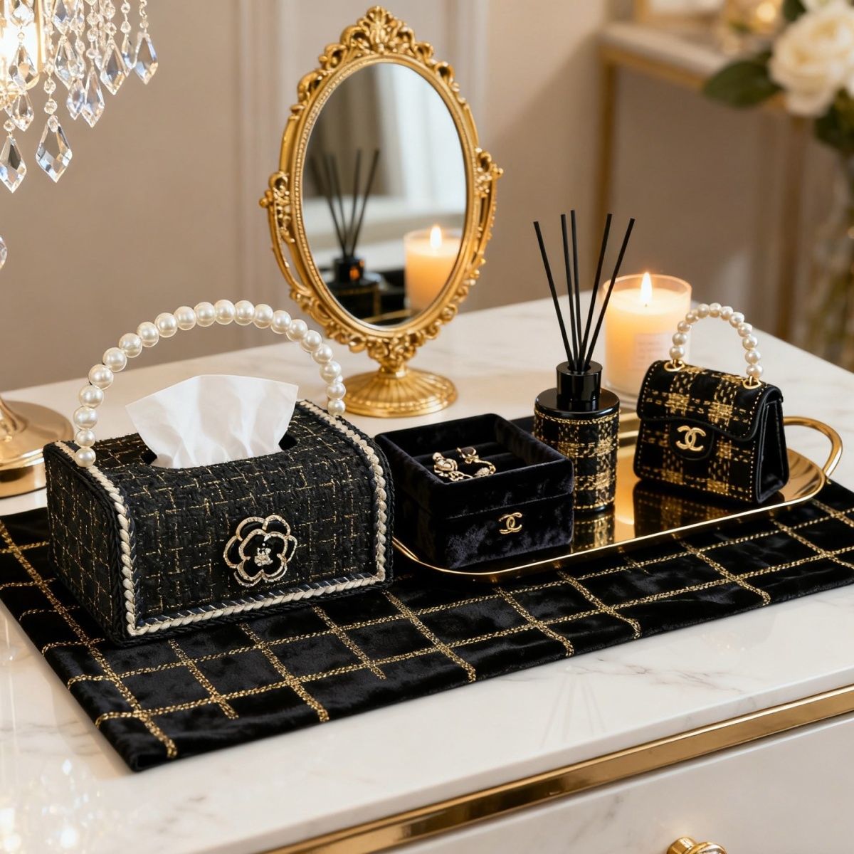 Luxury Pearl Handle Tissue Box Cover, Tweed Fabric Decorative Napkin Holder, French Style Rectangular Tissue Box for Coffee Table, Vanity, Dining Table and Living Room
