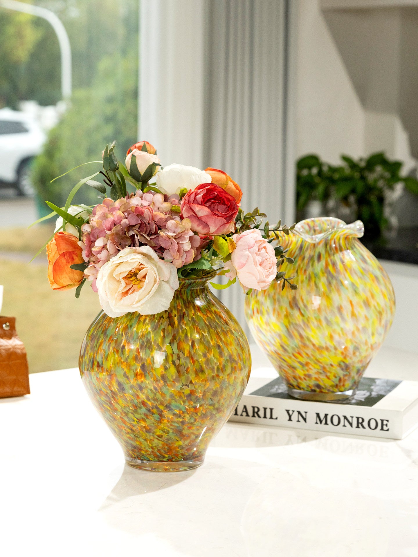 Multicolor Art Glass Vase, Ruffled Rim Decorative Flower Vase