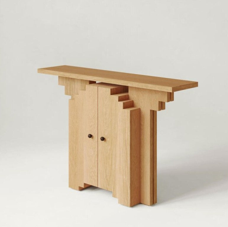 Pixel Wood Console Table with Storage, Solid Wood Entryway Cabinet, Mosaic Style Stepped Door Design, Natural Wood Foyer Table for Hallway, Living Room and Bedroom