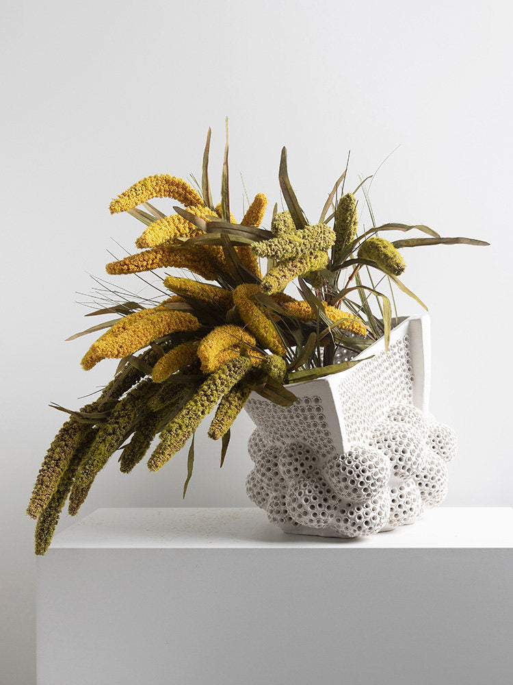White Ceramic Bubble Vase, Large Textured Flower Vessel with Triangle Opening