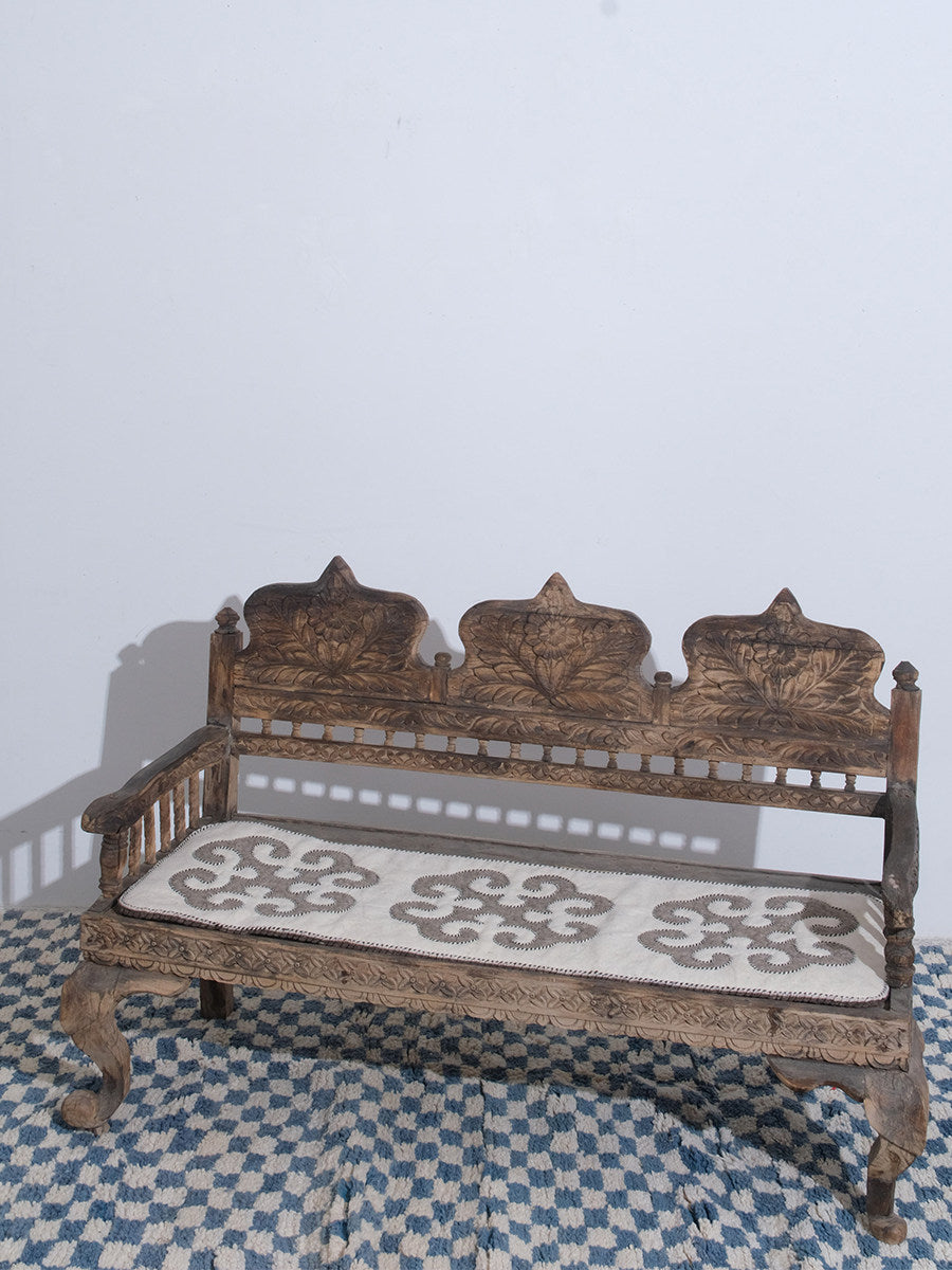 Handmade Felt Bench Cushion, Boho Long Chair Pad, White and Gray
