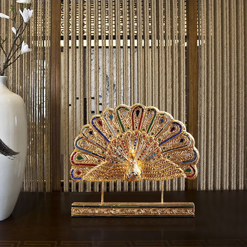 Gold Peacock Sculpture with Multicolor Fan Tail, Decorative Tabletop Figurine