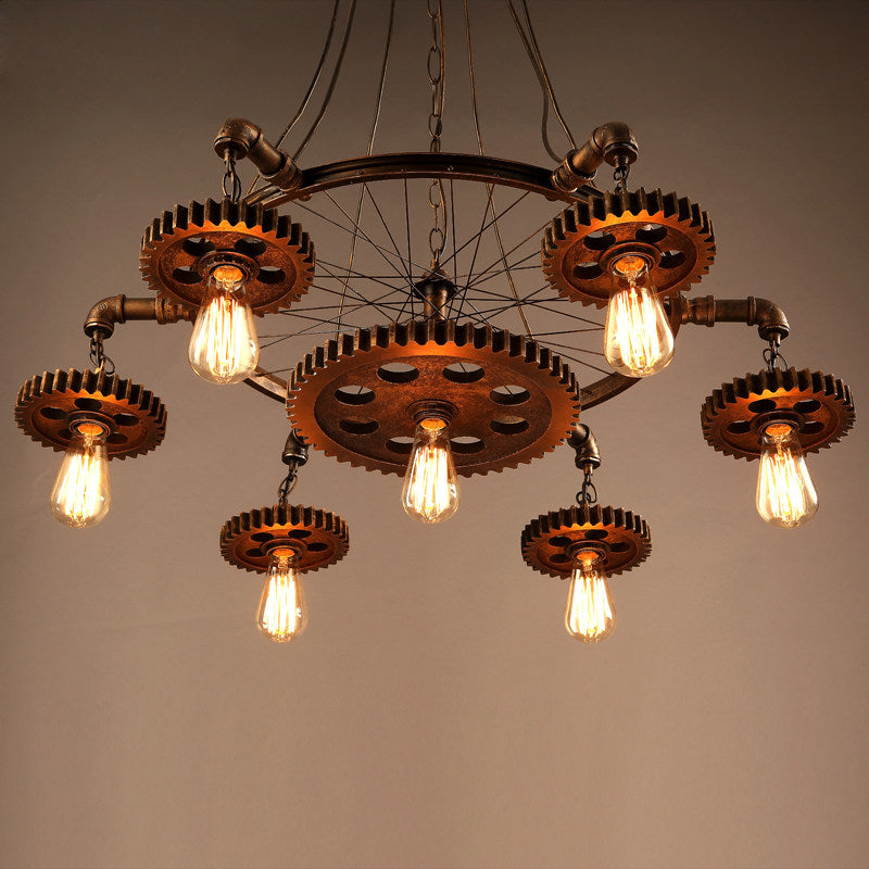 Industrial Gear Wheel Chandelier, 7 Light Vintage Loft Pendant Light with Metal Pipe and Bicycle Wheel Design, Rustic E27 Hanging Ceiling Lamp for Dining Room, Cafe, Bar, Restaurant, Hallway