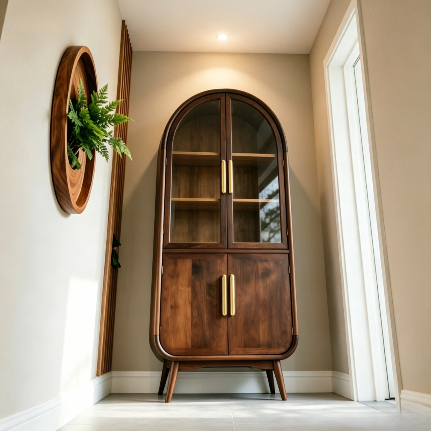Ash Wood Arched Liquor Cabinet with Glass Doors and Storage Shelves