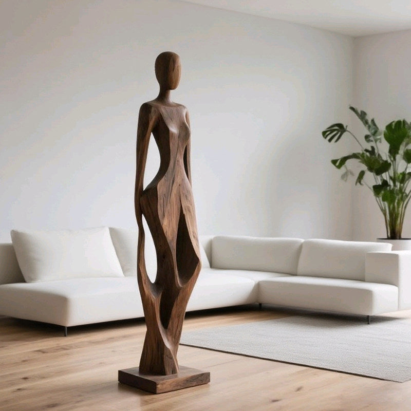 Large Abstract Female Wood Floor Sculpture, Tall Hand Carved Figurative Statue, Brown Wooden Art Decor for Hotel Lobby, Villa, Clubhouse, Entryway, Living Room and Gallery