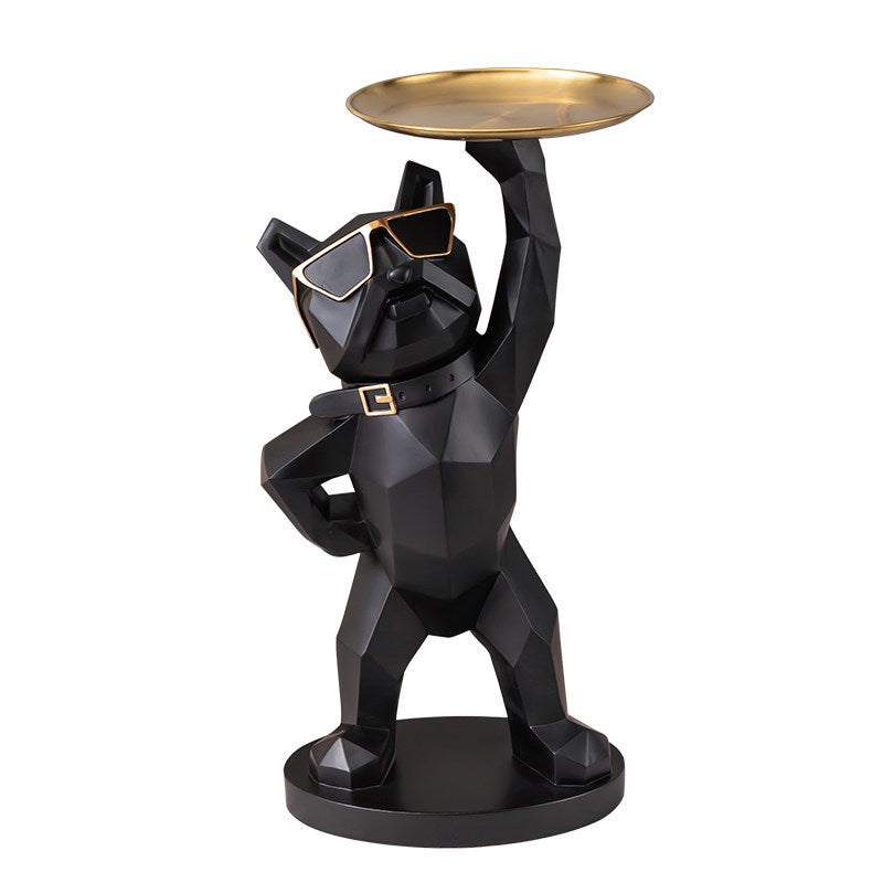 Black Resin French Bulldog Floor Statue with Round Tray, Geometric Dog Side Table Sculpture with Sunglasses for Living Room, Entryway, Bedroom, Office or Housewarming Gift