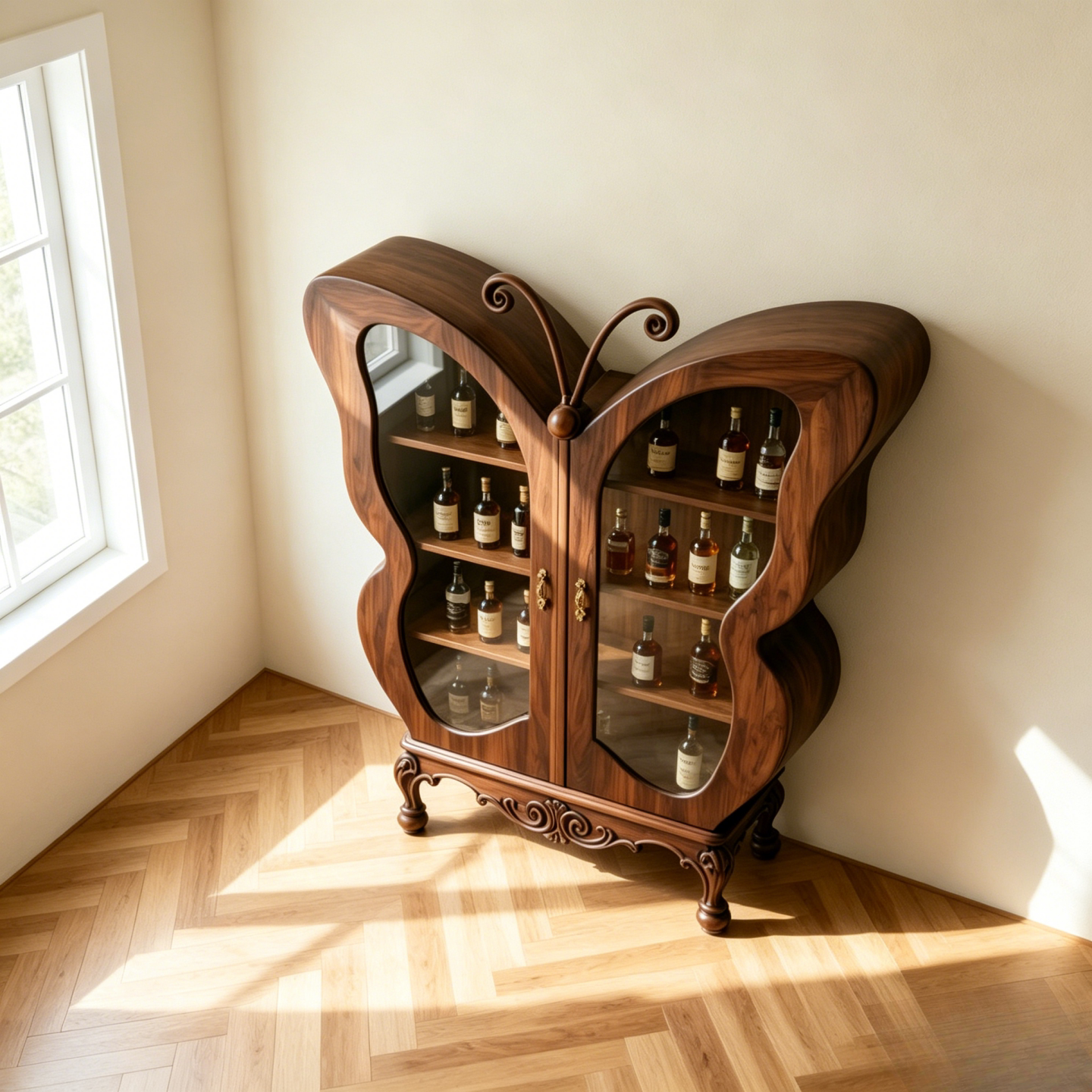 Butterfly Liquor Cabinet with Glass Doors, Ash Wood Bar Display Storage