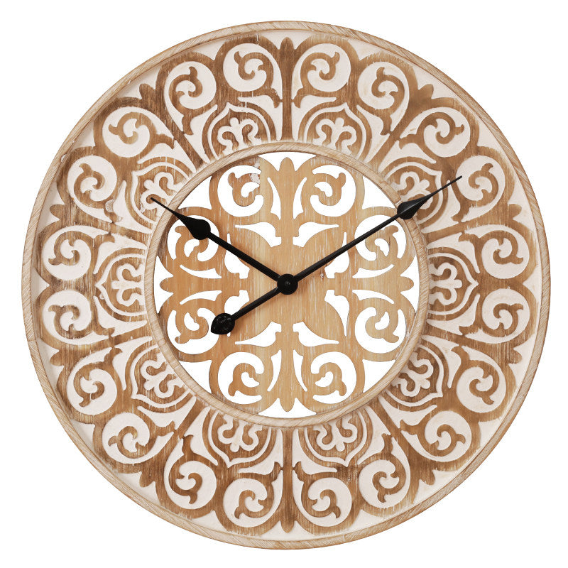 Carved Wooden Wall Clock, Moroccan Style Round Decor