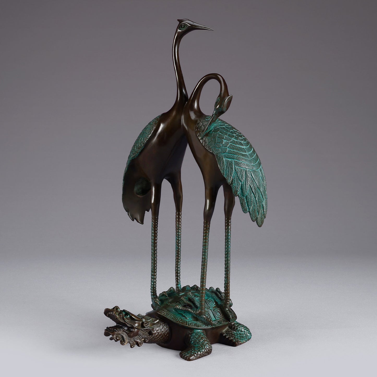 Copper Crane and Turtle Statue, Antique Green Double Crane Figurine with Turtle Base, Decorative Metal Sculpture for Living Room, Office, Tabletop, Birthday and Housewarming Gift