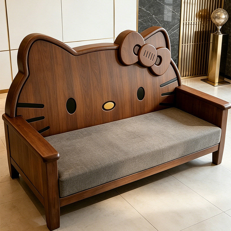 Ash Wood Cat-Shaped Loveseat with Gray Upholstered Cushion