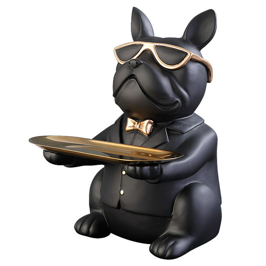 Matte Black Resin French Bulldog Tissue Box Holder with 9 Inch Gold Oval Catchall Tray, Sunglasses Dog Statue Organizer for Entryway, Living Room, Bedroom, Office and Shoe Cabinet