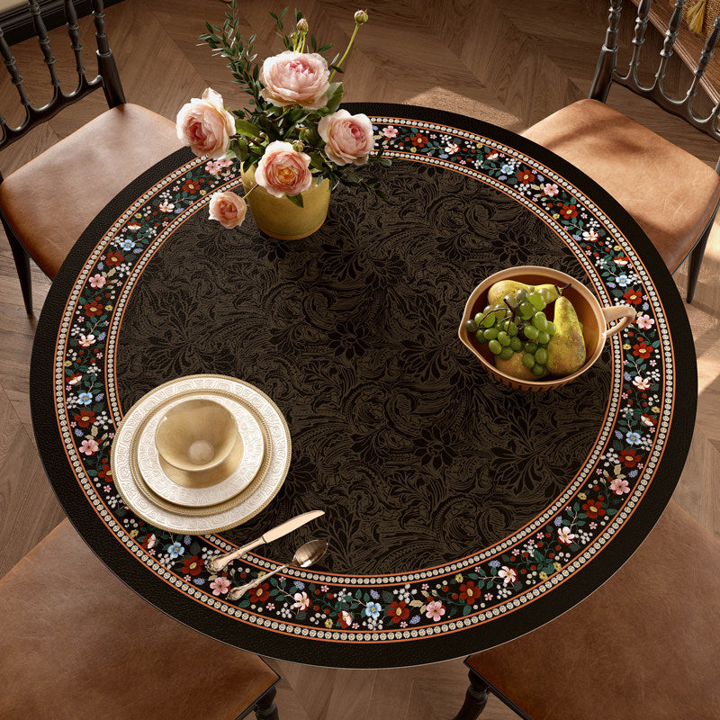 Round Black Floral Table Protector Mat, Waterproof Leather Look Cover
