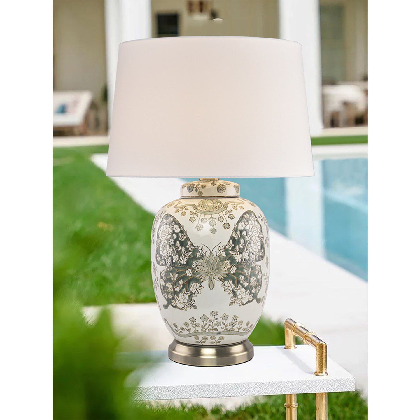 Green Butterfly Floral Ceramic Table Lamp with White Fabric Shade, Raised Relief Bedside Lamp with E27 Socket and Button Switch, Decorative Nightstand Lamp for Bedroom Living Room