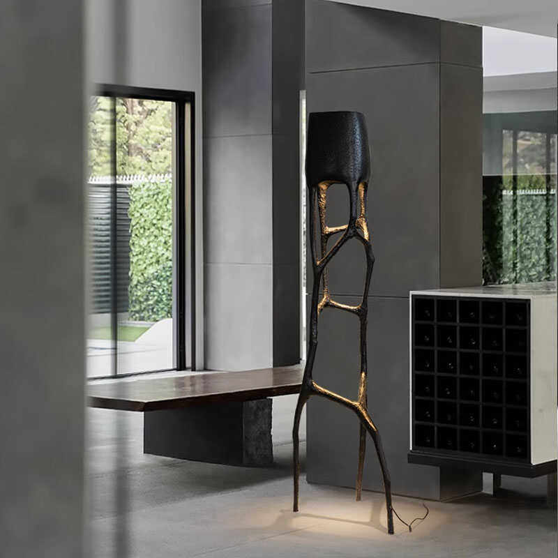 Modern Sculptural LED Floor Lamp, Tree Hollow Standing Light with Integrated Warm Ambient Glow and Matte Black Fiberglass Body for Living Room, Hotel Lobby or Showroom