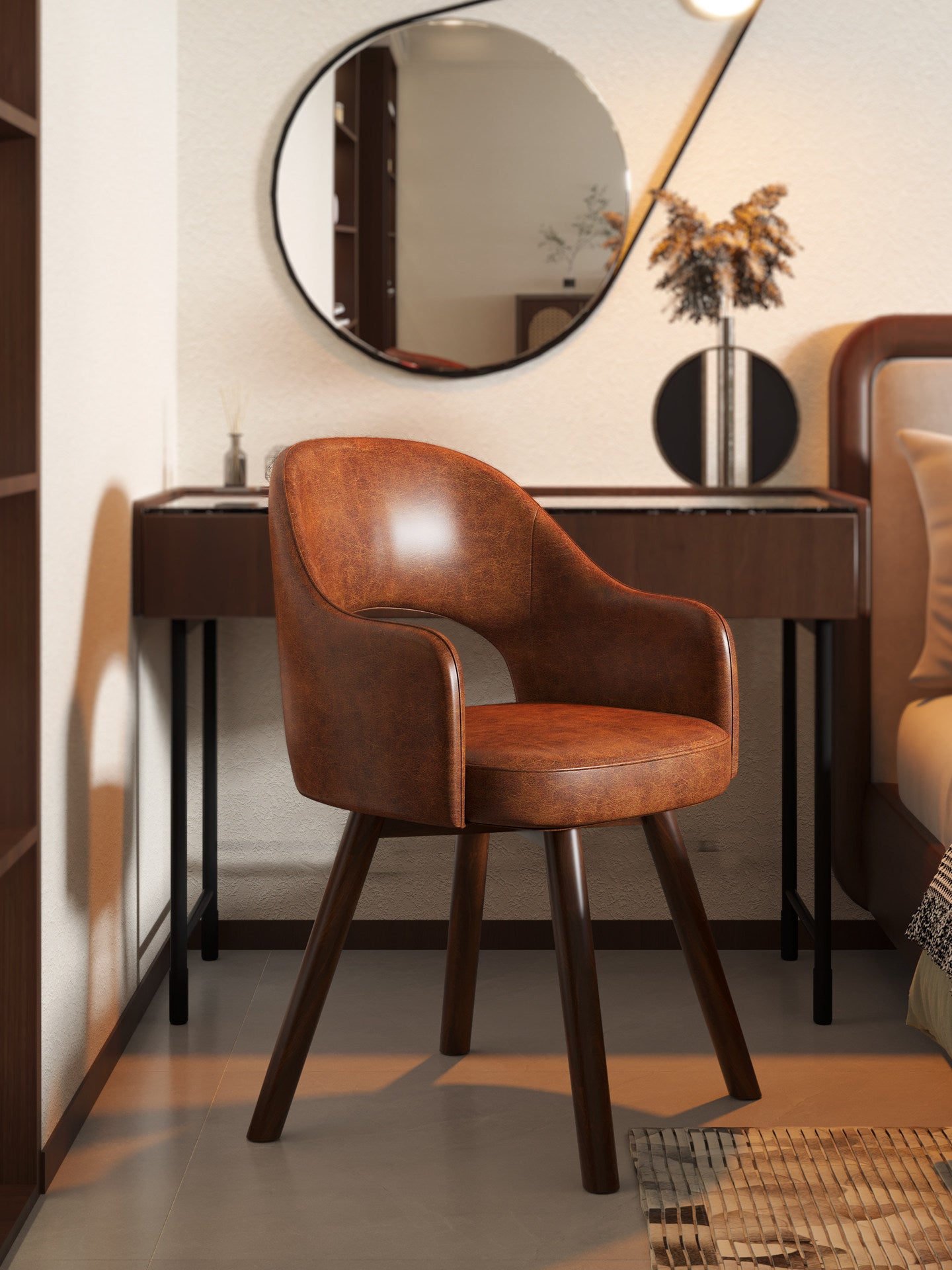 Brown Faux Leather Swivel Vanity Chair with Wood Legs and Open Back
