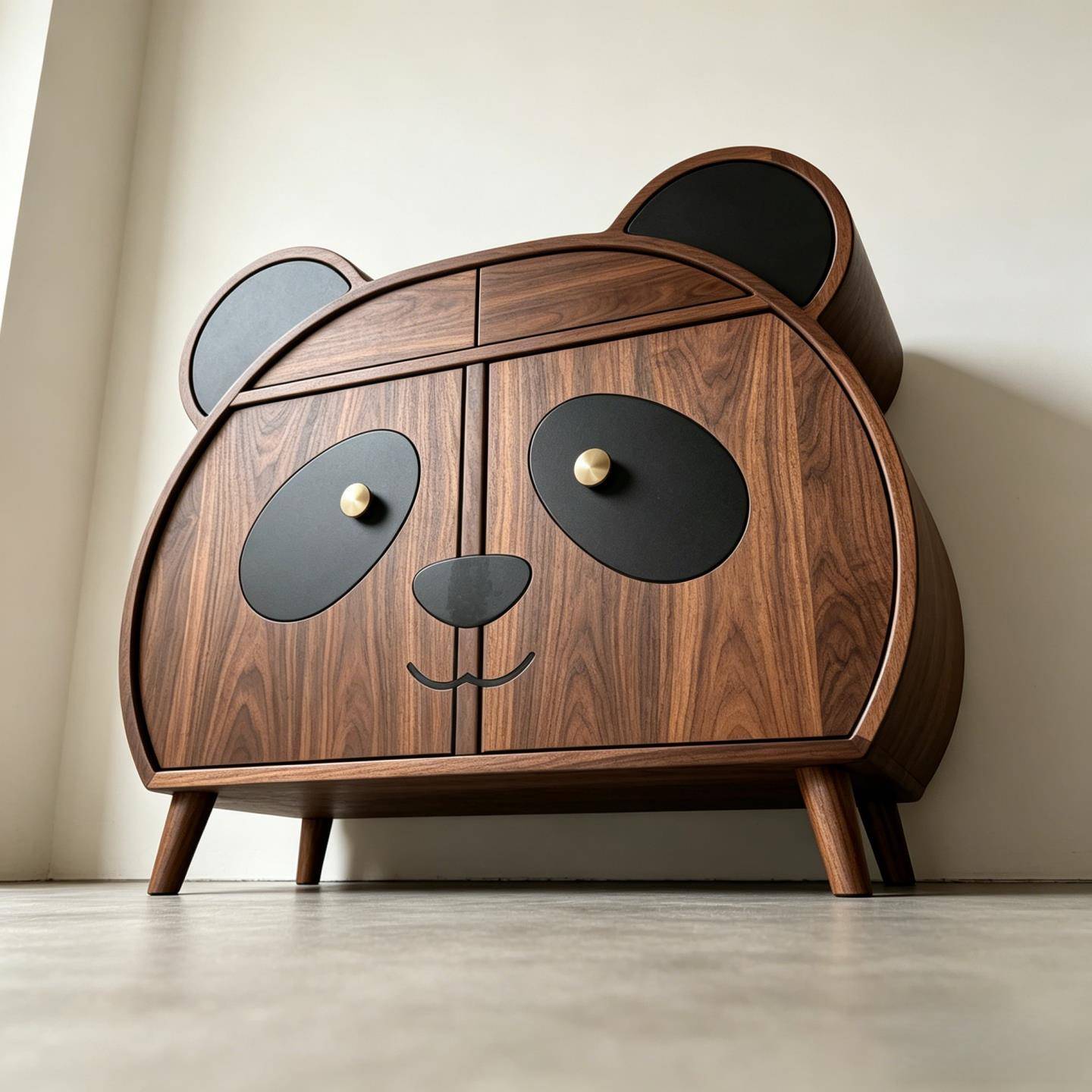 Solid Ash Wood Panda Storage Cabinet, Kids Sideboard Buffet Cabinet with Drawers &amp; Double Doors, Modern Walnut Finish Accent Storage Cabinet for Nursery, Playroom, Bedroom, Living Room &amp; Entryway