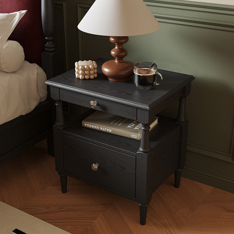Black Solid Pine Wood Nightstand with Drawer and Open Shelf, Vintage Style Bedside Table with Turned Legs, Bedroom End Table for Small Spaces, Living Room, Guest Room